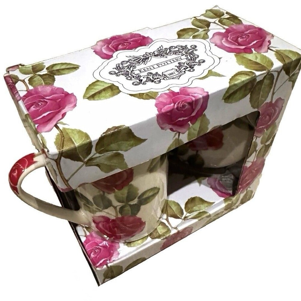 Kent Pottery Floral Rose Coffee Cup & Saucer Set 10 oz Ceramic w/ Box